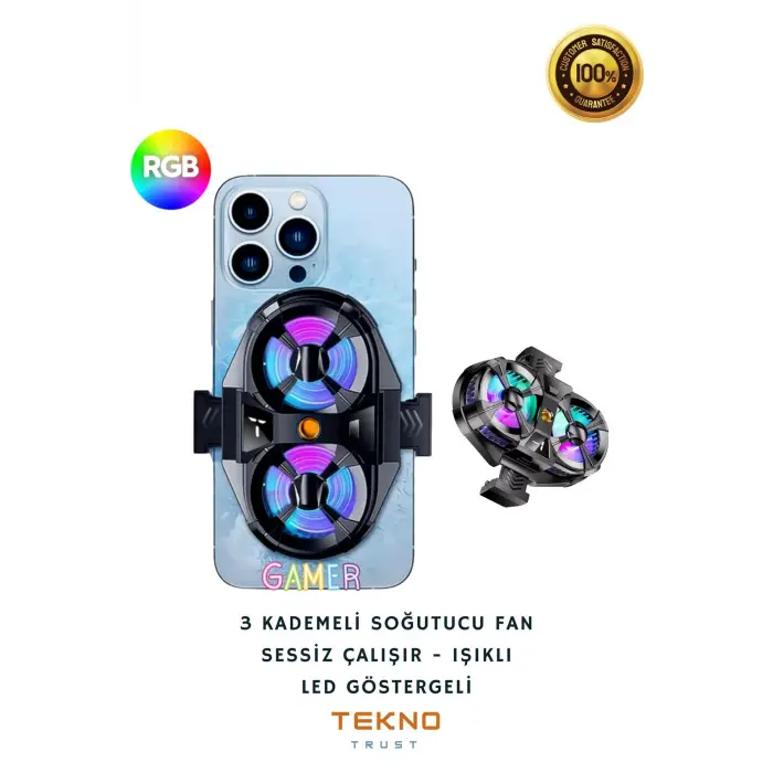 Bütün Telefon Modelleri İle Uyumlu Telefon Soğutucu ÇiftFan Pervaneli 3 Kademeli Işıklı Oyuncu Güçlü