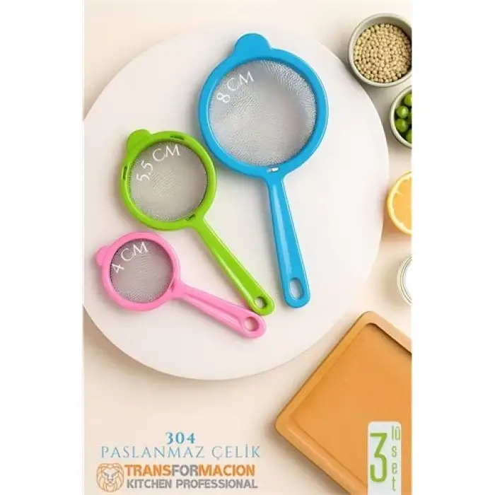 BX 3 lü Süzgeç Seti - Çay Süzgeci - Un Baharat Süzgeci Paslanmaz Çelik