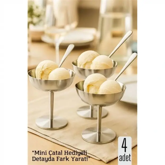 4 lü Gümüş Inox Çelik Ayaklı Dondurma ve Sunum Kasesi – Tatlı, Lokum ve Sunum Kabı