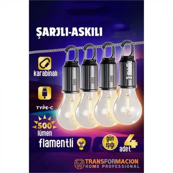 BX Askılı Portatif Şarjlı Askılı Ampül - 4 lü Kamp Lambası - Acil Durum Lambası