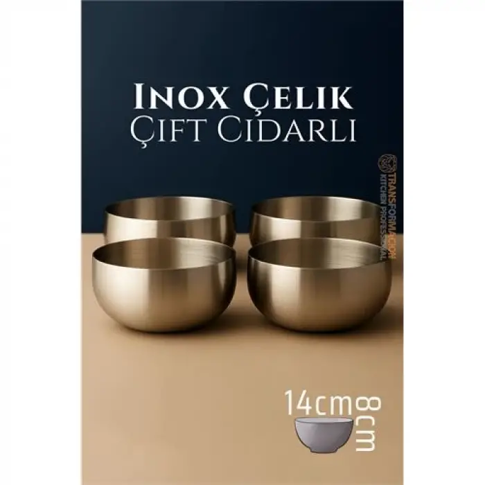 Çift Cidarlı Kase - Inox Çelik Kase  14 cm 4 LÜ SET