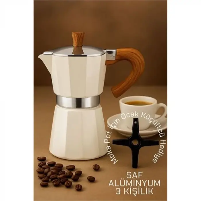 BX Italyan Moka Pot - 6061 Saf Alüminyum  Ahşap Saplı - 3 kişilik KREM