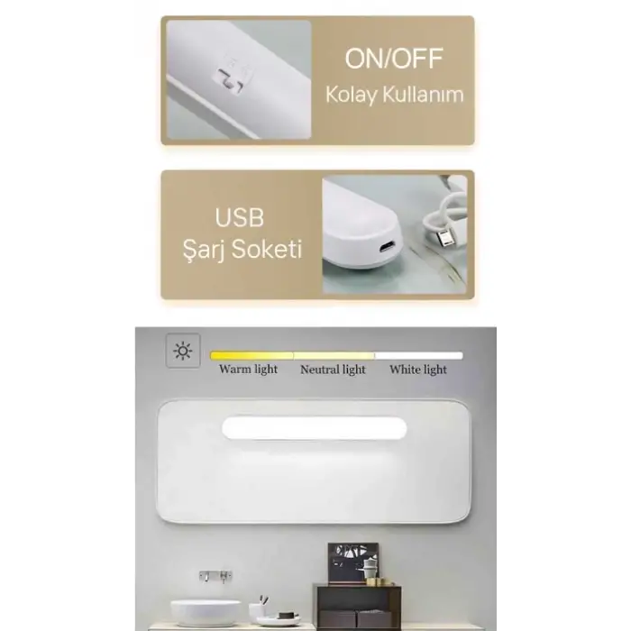 CATA CT 5249 Beyaz Kasa 3W Şarjlı Led Aplik Dokunmatik 3 Renk Modu