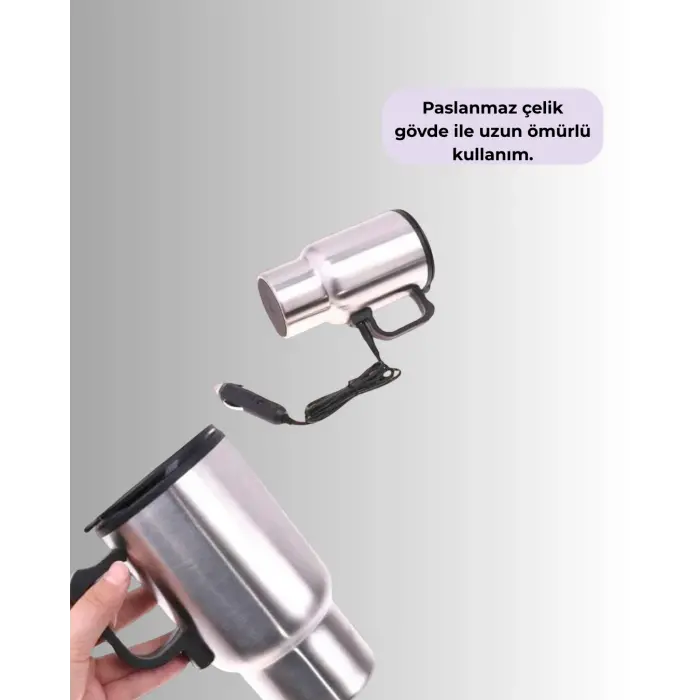 Çelik Gövdeli Araç İçi Isıtıcı Termos Bardak 450 ml Kapasiteli