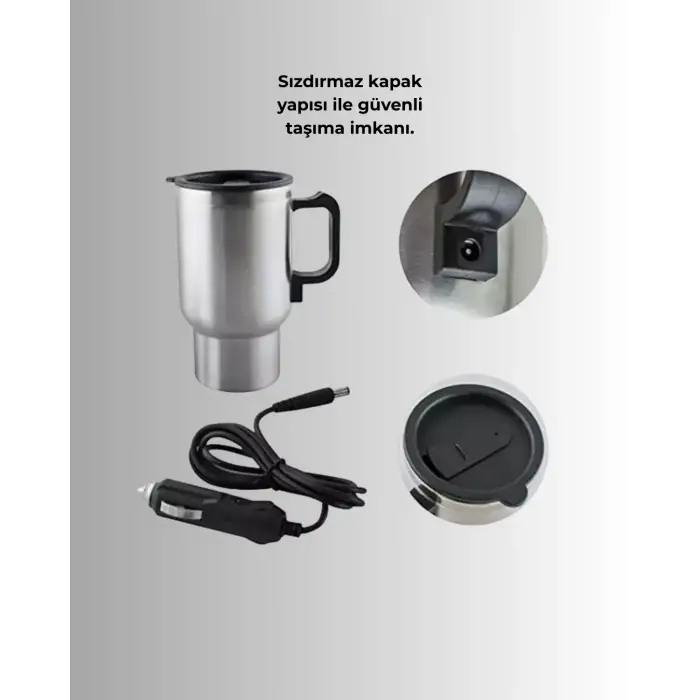 Çelik Gövdeli Araç İçi Isıtıcı Termos Bardak 450 ml Kapasiteli