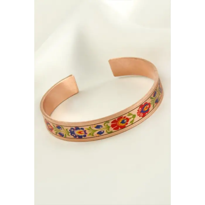 Çiçek Desenli Bakır Kelepçe Bileklik