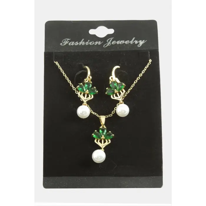 Çiçek İnci Zirkon Taşlı Set Kolye