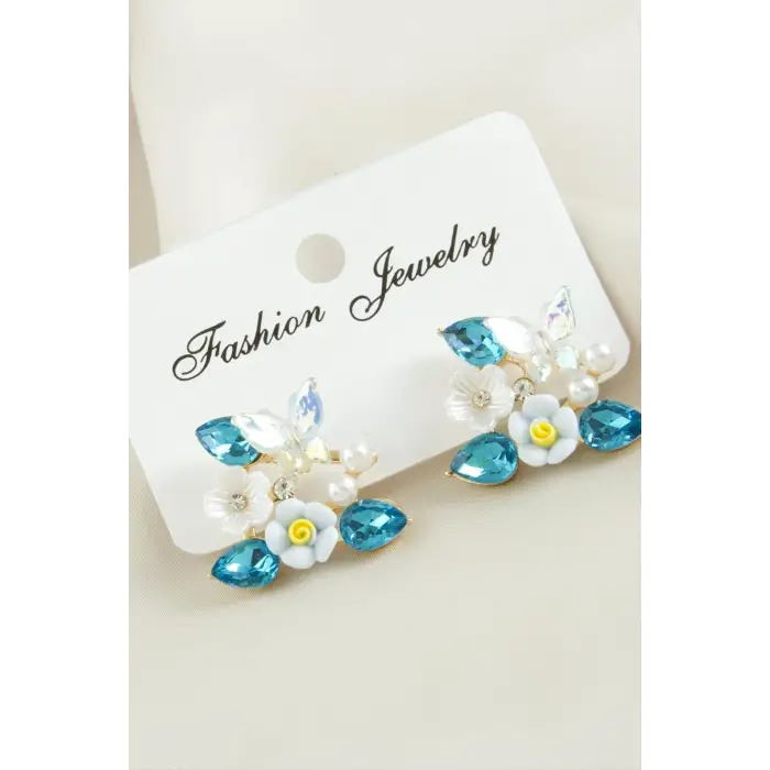 Çiçek Mineli Taşlı Küpe