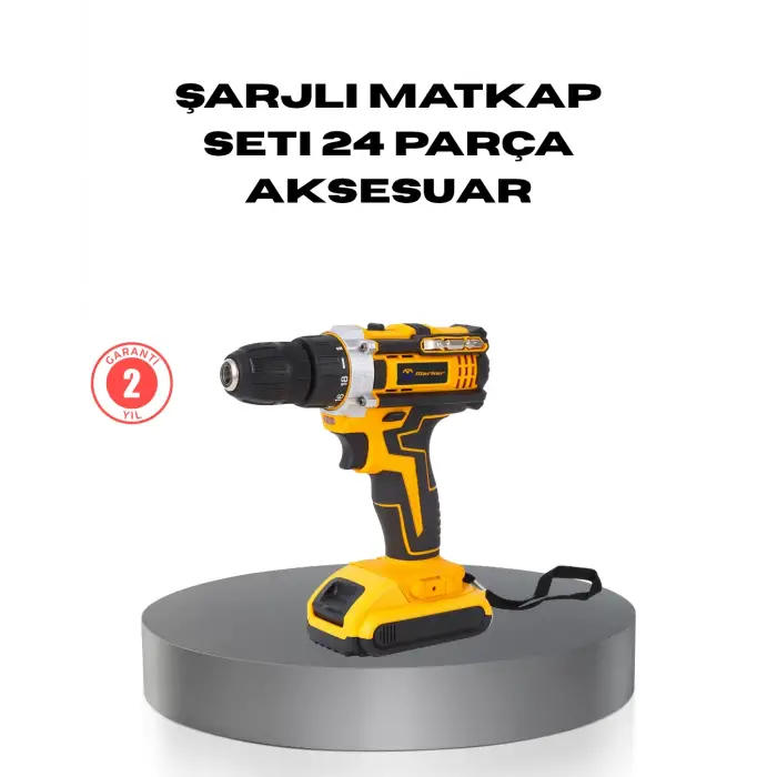 Çift Bataryalı Darbeli Şarjlı Matkap Seti – Metal Dişli, 24 Parça Aksesuar ve LED Işıklı