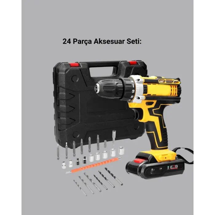 Çift Bataryalı Darbeli Şarjlı Matkap Seti – Metal Dişli, 24 Parça Aksesuar ve LED Işıklı