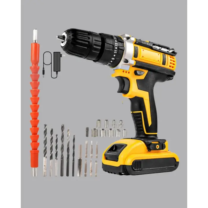 Çift Bataryalı Darbeli Şarjlı Matkap Seti – Metal Dişli, 24 Parça Aksesuar ve LED Işıklı