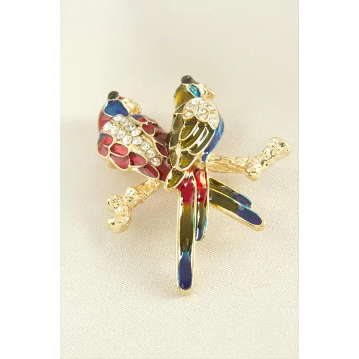 Çift Kuş Mineli Taşlı Broş