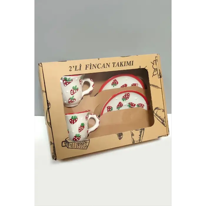Çilek Desenli Seramik İkili Fincan Takımı