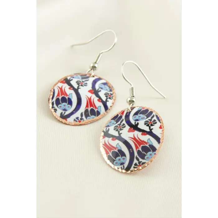 Çini Desenli Oval Bakır Küpe