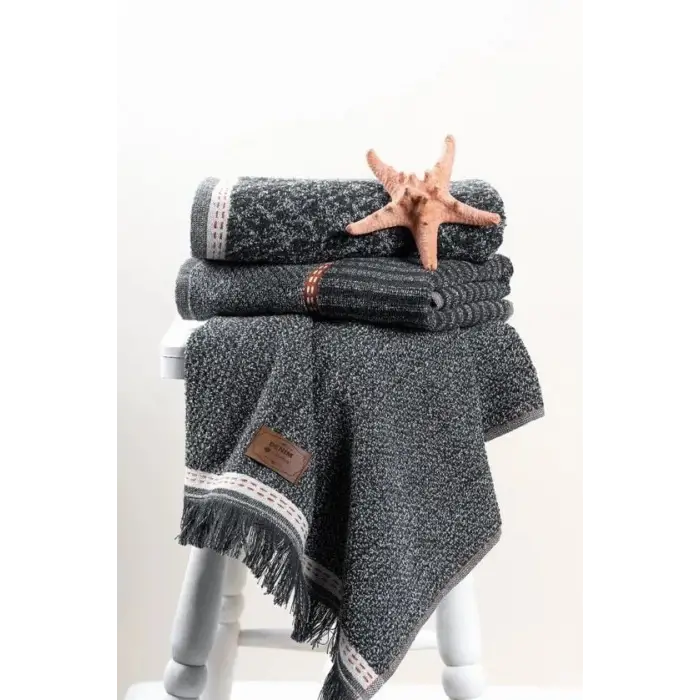 Cotton Box 3lü Jakarlı Havlu Seti Denim Antrasit 50x90