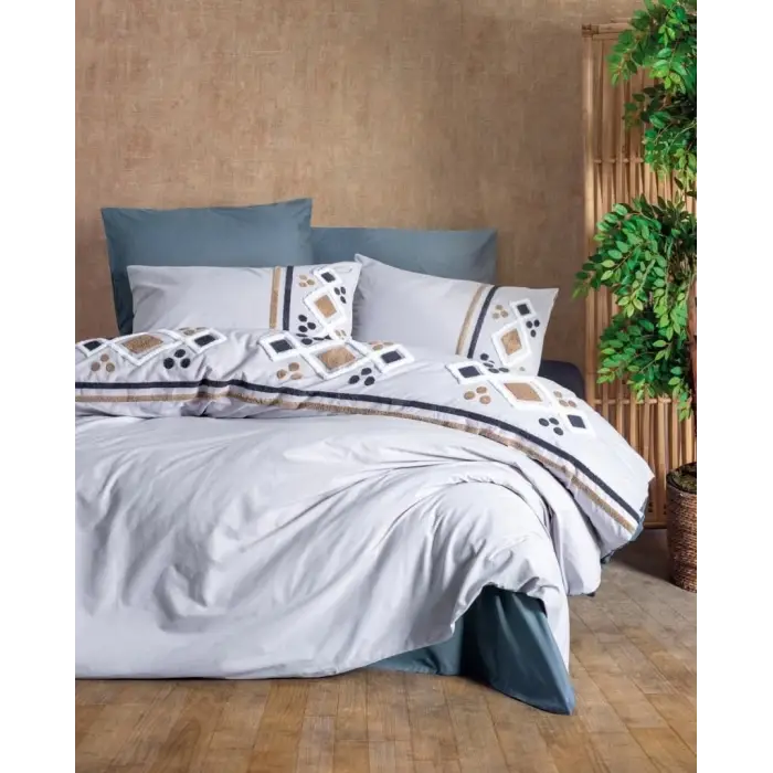 Cotton Box Puff Nakışlı Ranforce Çift Kişilik Nevresim Takımı Stesso Mavi