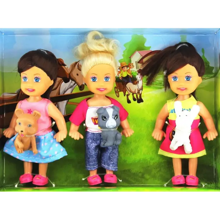 Cute Girl Mini Bebek ve Evcil Hayvan Üçlü Set