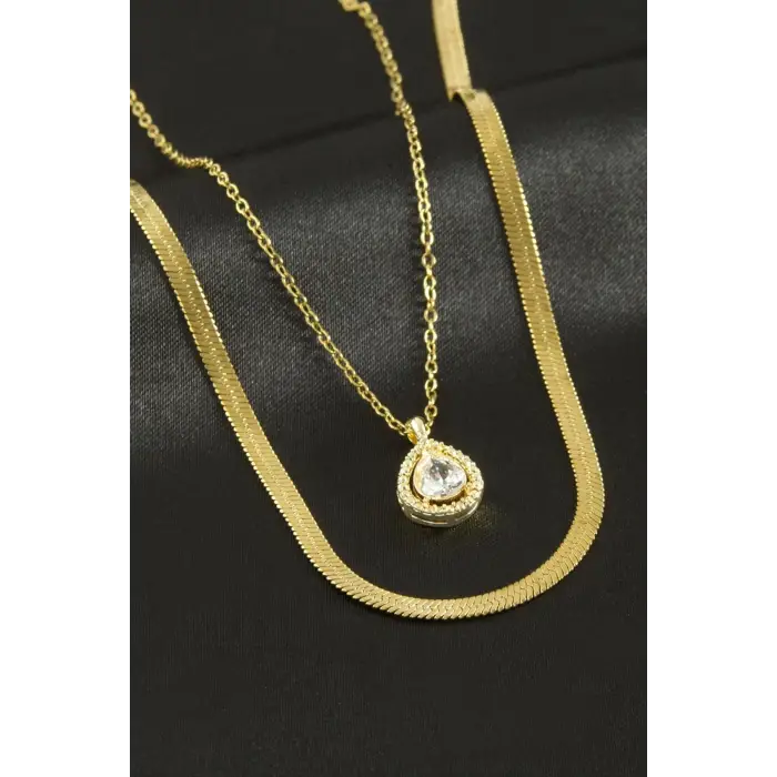 Damla Zirkon Taşlı İkili Çelik Kolye