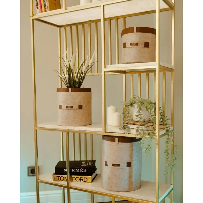 Deri Şeritli Yuvarlak Çok Amaçlı Düzenleyici Organizer Kutu Keçe Sepet (3lü Set)