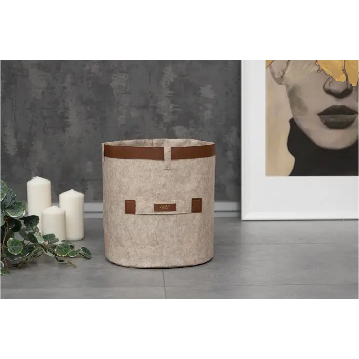 Deri Şeritli Yuvarlak Çok Amaçlı Düzenleyici Organizer Kutu Keçe Sepet (maxi) 03815