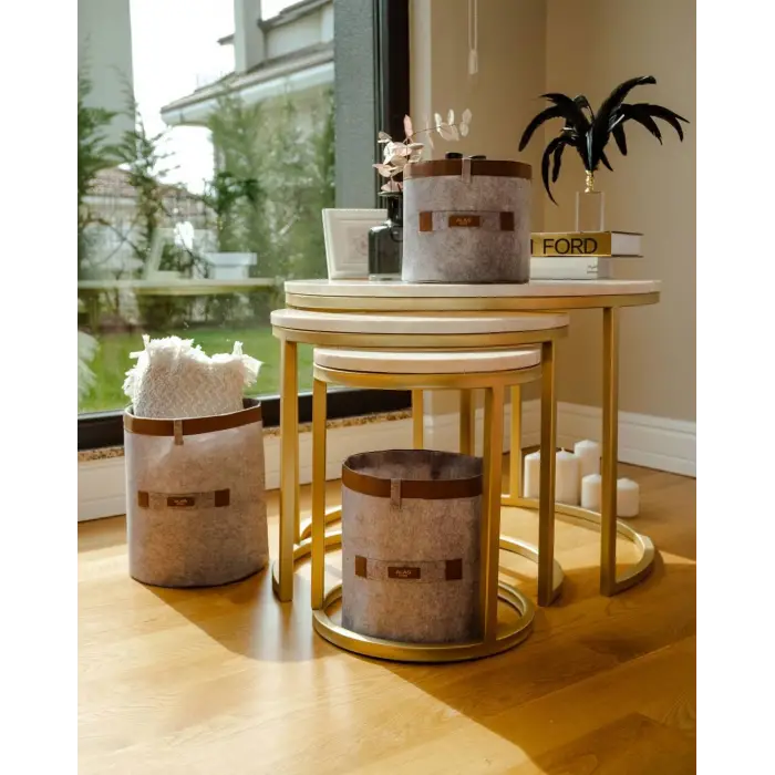 Deri Şeritli Yuvarlak Çok Amaçlı Düzenleyici Organizer Kutu Keçe Sepet (mini) 03822