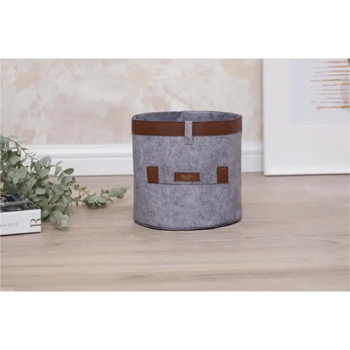 Deri Şeritli Yuvarlak Çok Amaçlı Düzenleyici Organizer Kutu Keçe Sepet (mini) 03822