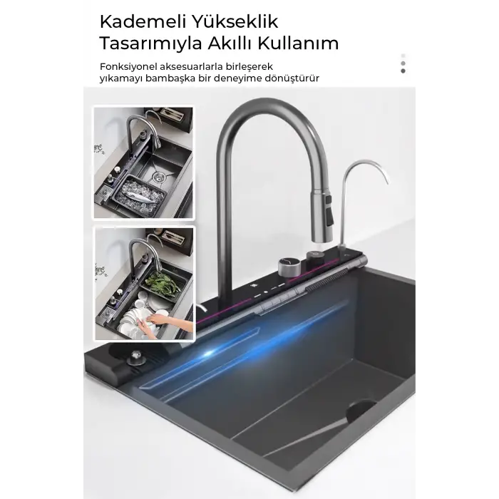 Dijital Akıllı Eviye Seti – LED Sıcaklık Göstergeli, Çift Şelale Musluklu, 360° Döner Sistem