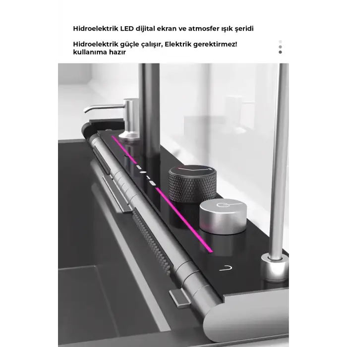 Dijital Akıllı Eviye Seti – LED Sıcaklık Göstergeli, Çift Şelale Musluklu, 360° Döner Sistem