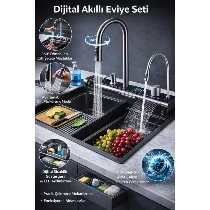 Dijital Akıllı Eviye Seti – LED Sıcaklık Göstergeli, Çift Şelale Musluklu, 360° Döner Sistem