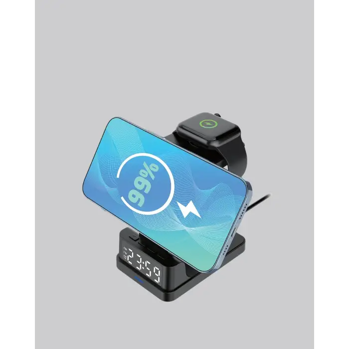 Dijital Saatli Kablosuz Şarj İstasyonu – 3’ü 1 Arada Apple Uyumlu Hızlı Şarj ve LED Ekran