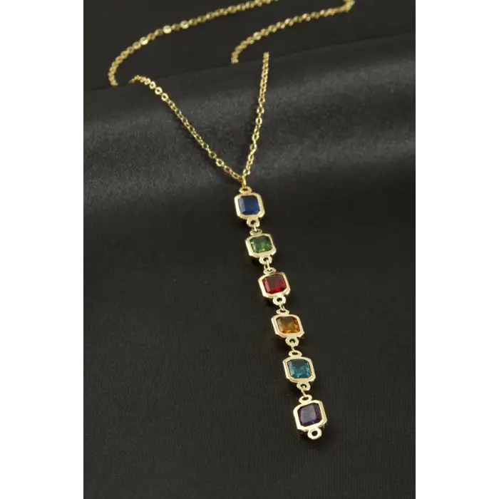 Dikdörtgen Kristal Taşlı Çelik Kolye