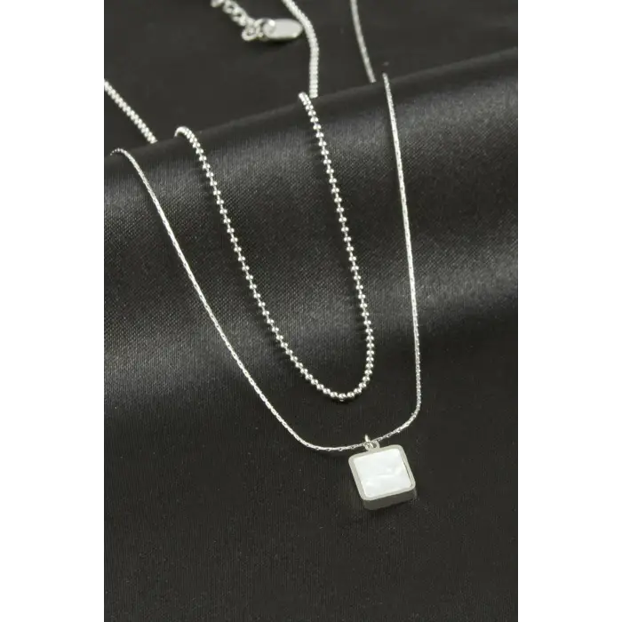 Dikdörtgen Sedef Lüks Çelik İkili Kolye