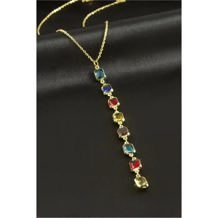 Dikdörtgen Taşlı Çelik Y Kolye