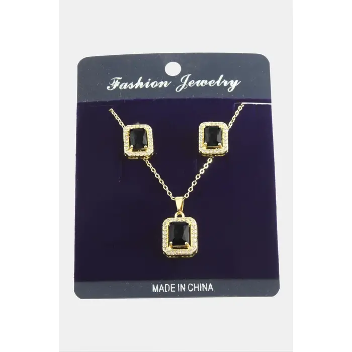 Dikdörtgen Zirkon Taşlı Set Kolye