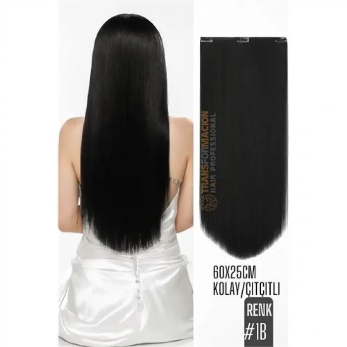 Doğal Görünümlü Düz Siyah Sentetik Kaynak Saç – RENK KOD:#1B  Kolay Tak Çıkar, Işıltılı Etki!
