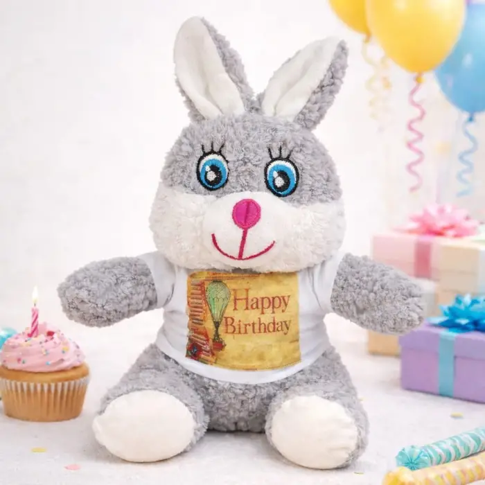 Doğum Günü Tişörtlü Sevimli Peluş Tavşan