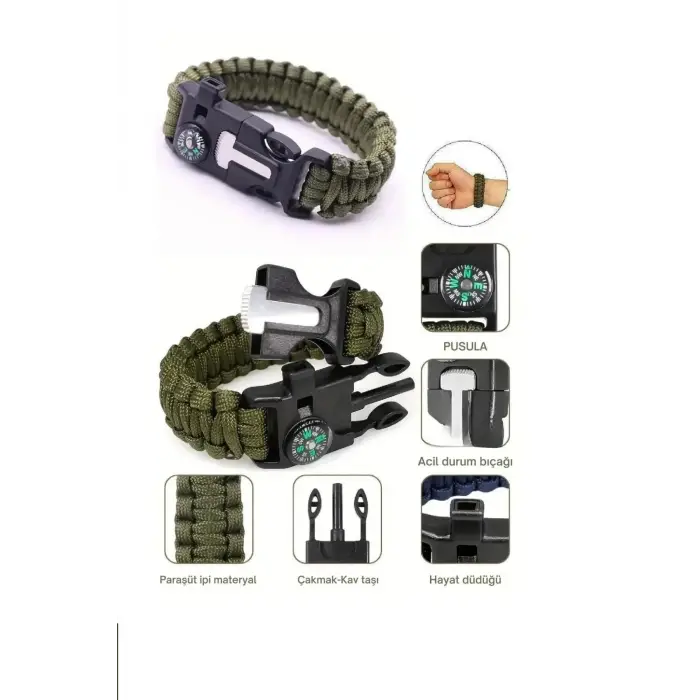 Düdük Çakı Pusula Çakmaktaşı Paraşüt İpi Hayatta Kalma Bilekliği (336336)