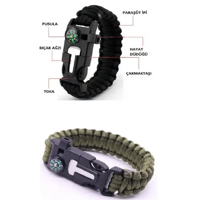 Düdük Çakı Pusula Çakmaktaşı Paraşüt İpi Hayatta Kalma Bilekliği (336336)