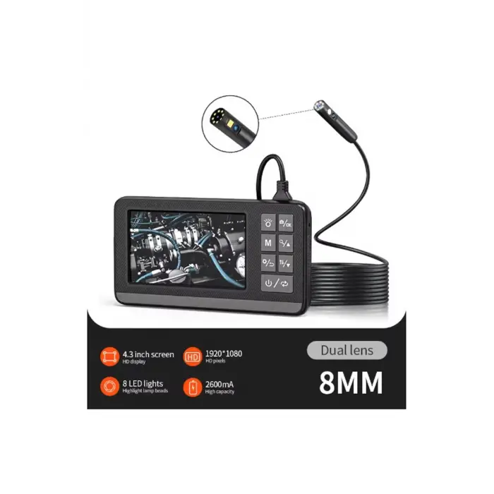 Ekranlı Çift Kameralı 10 Mt Sert Kablo Endoskop Kamera 8 Mm 4.3 Inc Hafıza Kart Destekli
