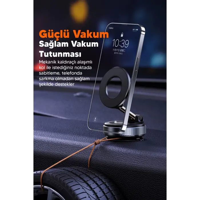 Elektrikli Vakumlu Araç İçi Telefon Tutucu - Güçlü Manyetik MagSafe Uyumlu