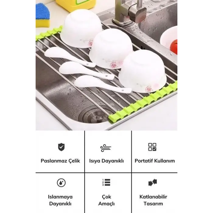 Evye Üstü Katlanır Nihale Paslanmaz Çelik Pratik Sebze Meyve Bulaşık Kurutma Süzgeci