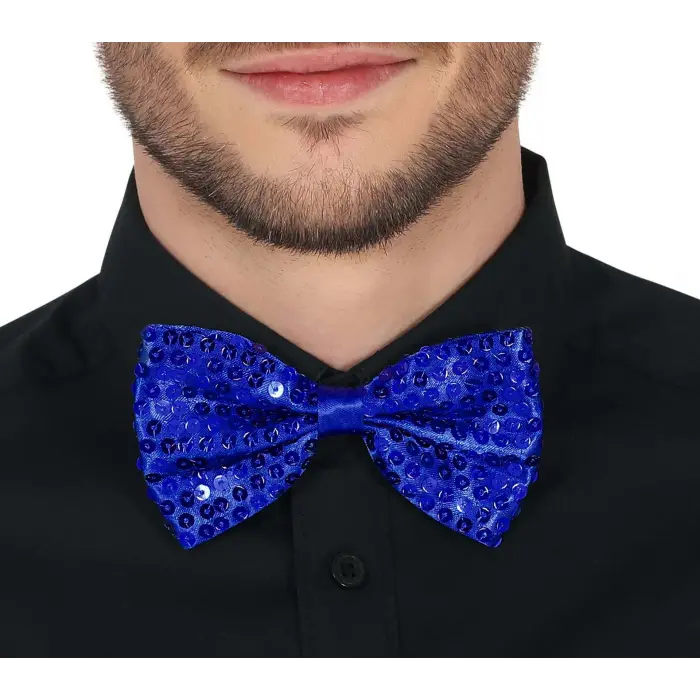 Gece Işıltısı Mavi Payetli Pullu Papyon 7x2 cm