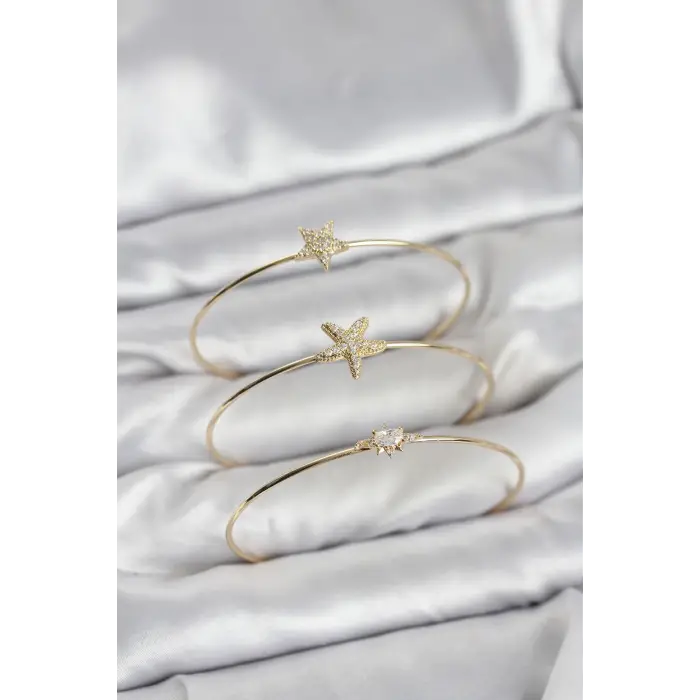 Gold Renk Zirkon Taşlı Deniz Yıldızı Model 3lü Kadın Bileklik Kombini