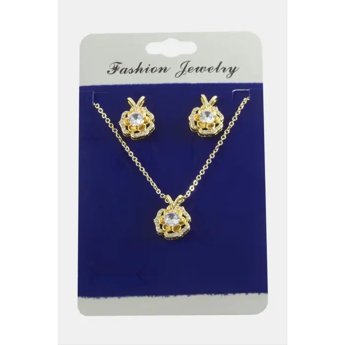 Gül Zirkon Taşlı Set Kolye