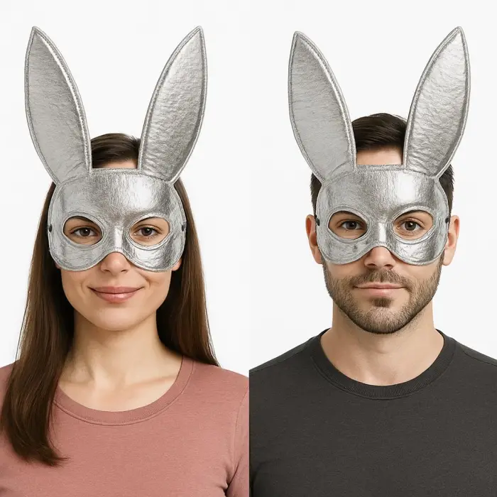 Gümüş Renk Kumaş Malzemeden İmal Tavşan Maskesi 25X17 cm