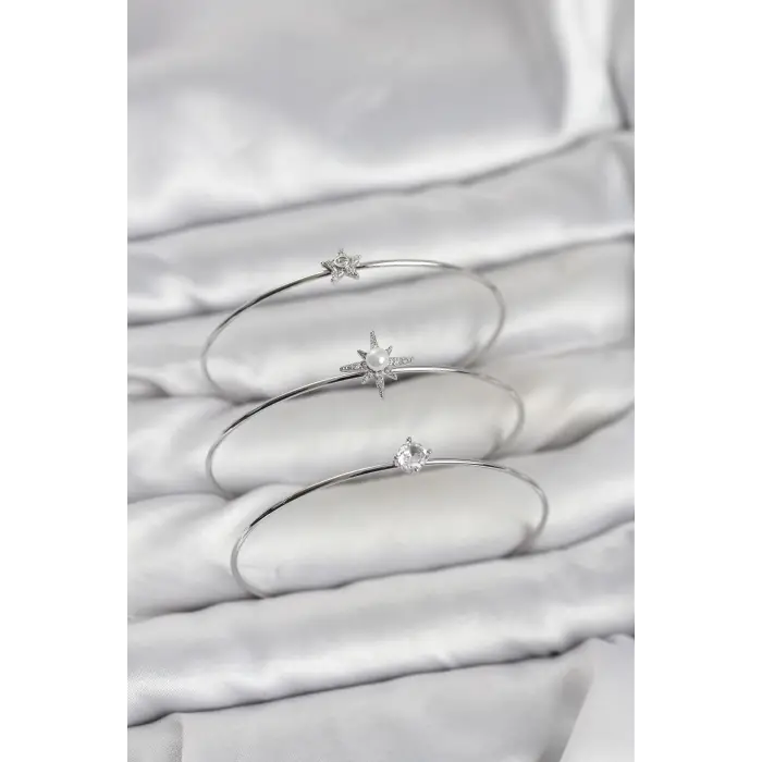 Gümüş Renk Kutup Yıldızı Model Zirkon Taşlı 3lü Kadın Bileklik Kombini