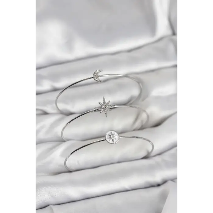 Gümüş Renk Zirkon Taşlı Kutup Yıldızı Model 3lü Kadın Bileklik Kombini