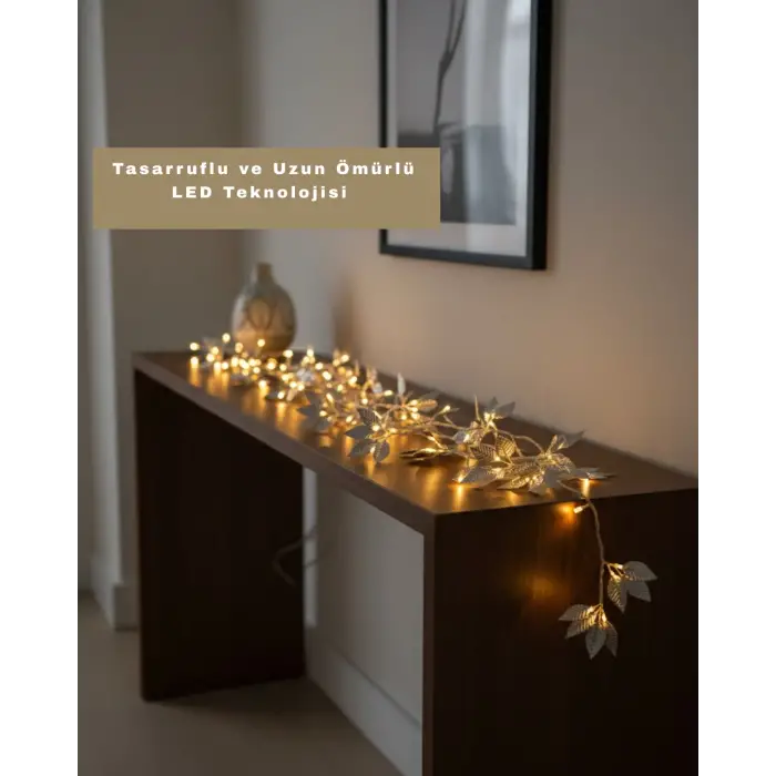 Gümüş Yaprak Tasarımlı LED Işık Pilli Ev ve Vitrin Dekoru