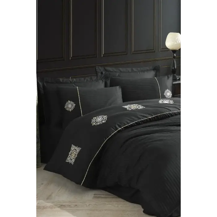 Hobby Elegant Nakışlı Pamuk Saten Çift Kişilik Nevresim Takımı Zeugma Siyah