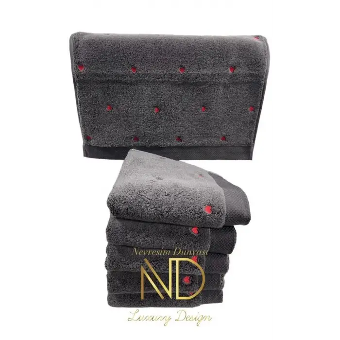 Hobby Lubow Love Koyu Gri Kırmızı Nakışlı 50x90 6lı Havlu Seti